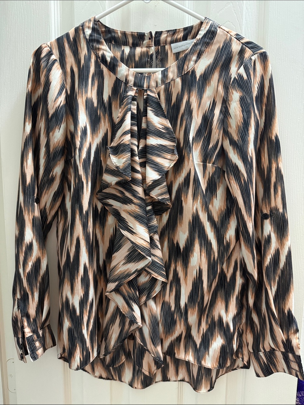 New York & Company Black and Beige Ruffled Printed Blouse